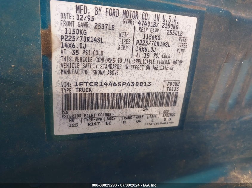 1995 Ford Ranger Super Cab VIN: 1FTCR14A6SPA30013 Lot: 39829293