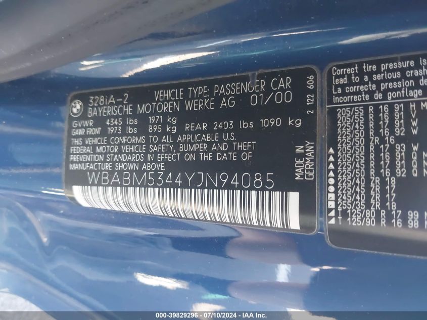 2000 BMW 328 Ci VIN: WBABM5344YJN94085 Lot: 39829296
