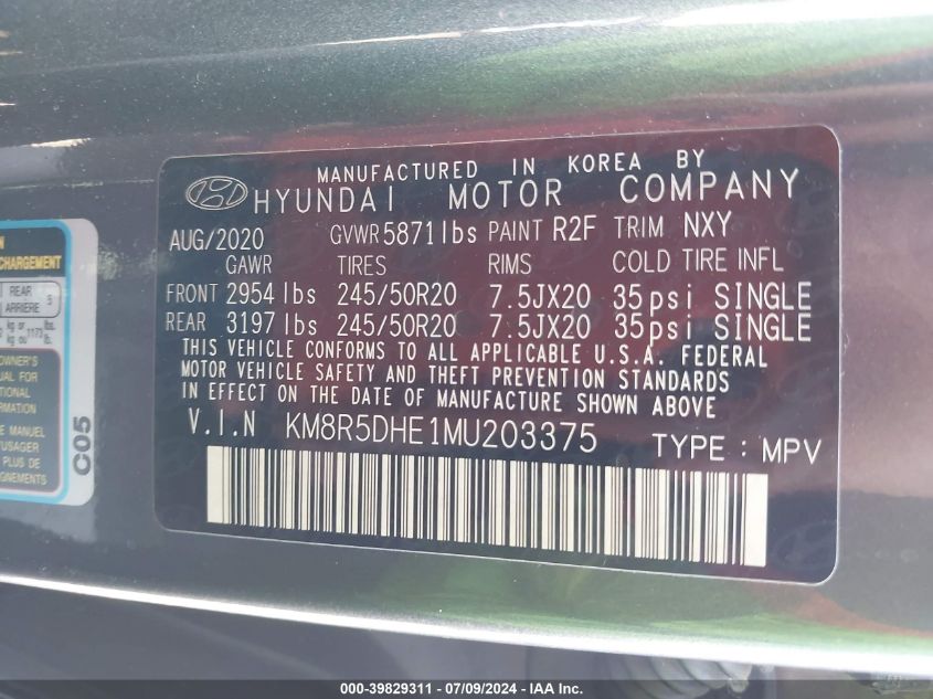 2021 Hyundai Palisade Limited VIN: KM8R5DHE1MU203375 Lot: 39829311