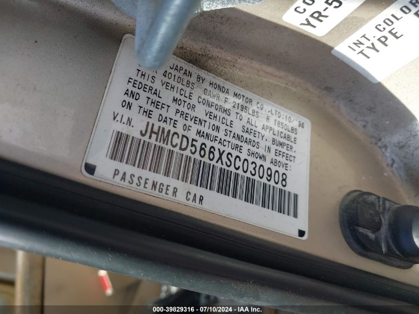 1995 Honda Accord Ex VIN: JHMCD566XSC030908 Lot: 39829316