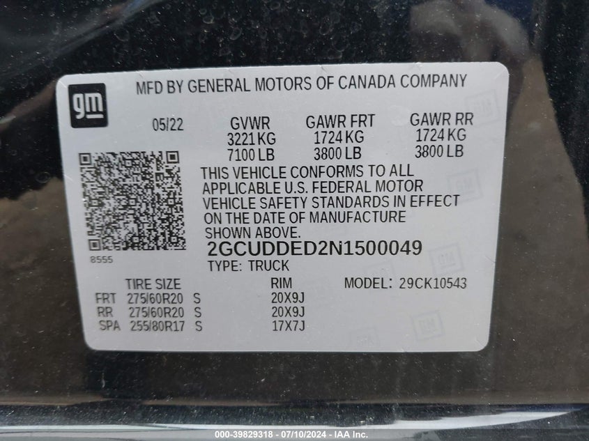 2022 CHEVROLET SILVERADO(VIN: 2GCUDDED2N1500049