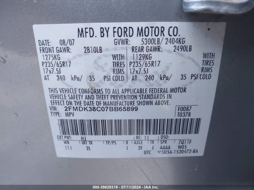 2007 Ford Edge Sel VIN: 2FMDK38C07BB65899 Lot: 39829319