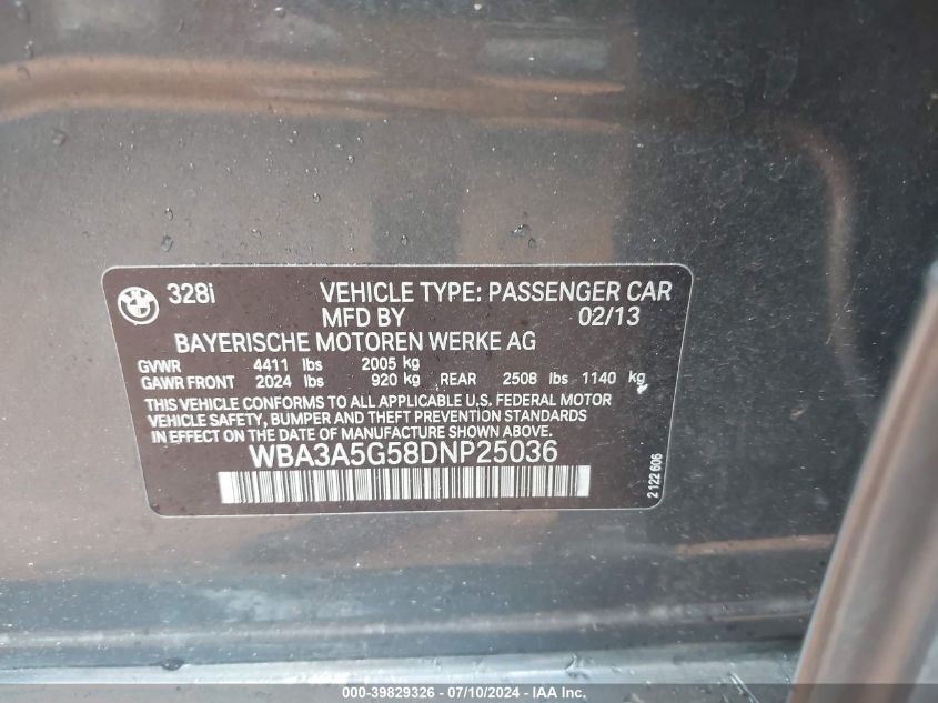 2013 BMW 328I VIN: WBA3A5G58DNP25036 Lot: 39829326