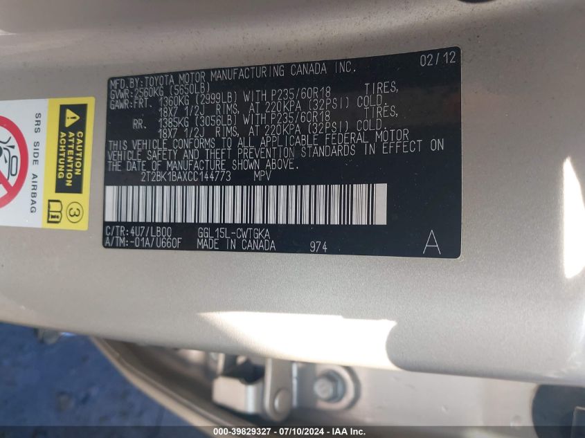 2012 Lexus Rx 350 VIN: 2T2BK1BAXCC144773 Lot: 39829327