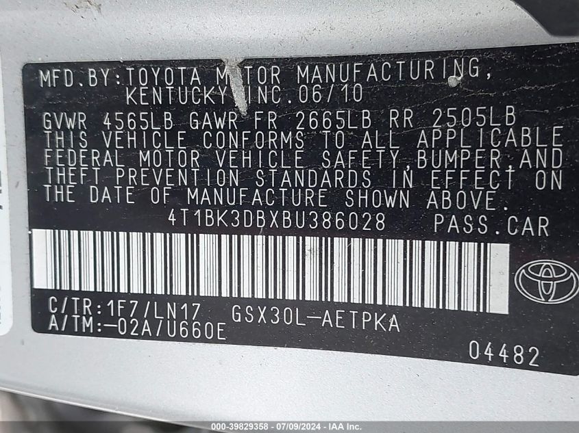 2011 Toyota Avalon Limited VIN: 4T1BK3DBXBU386028 Lot: 39829358