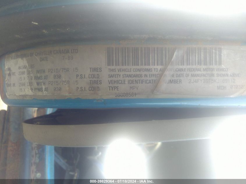 1989 Jeep Wrangler / Yj Islander VIN: 2J4FY39T5KJ169112 Lot: 39829364