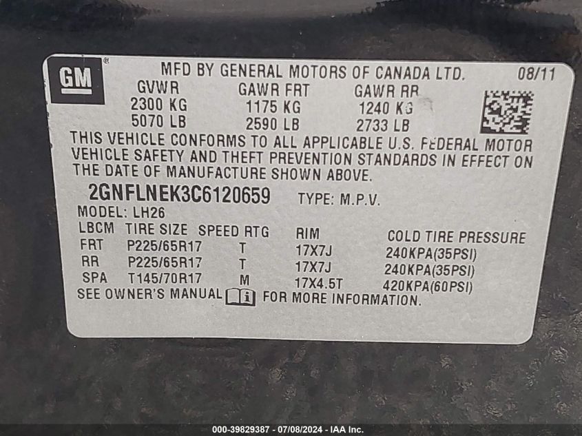 2012 Chevrolet Equinox 2Lt VIN: 2GNFLNEK3C6120659 Lot: 39829387