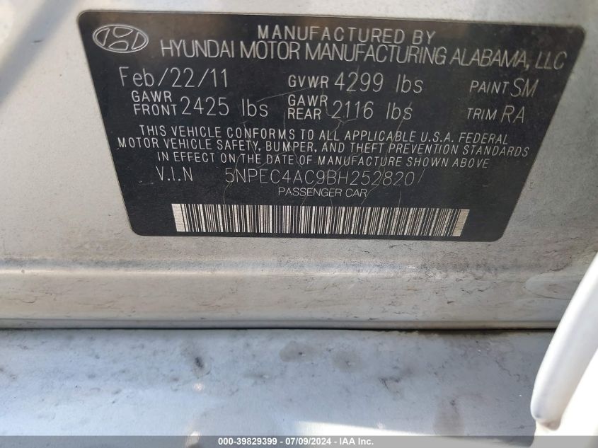 2011 Hyundai Sonata Se VIN: 5NPEC4AC9BH252820 Lot: 39829399