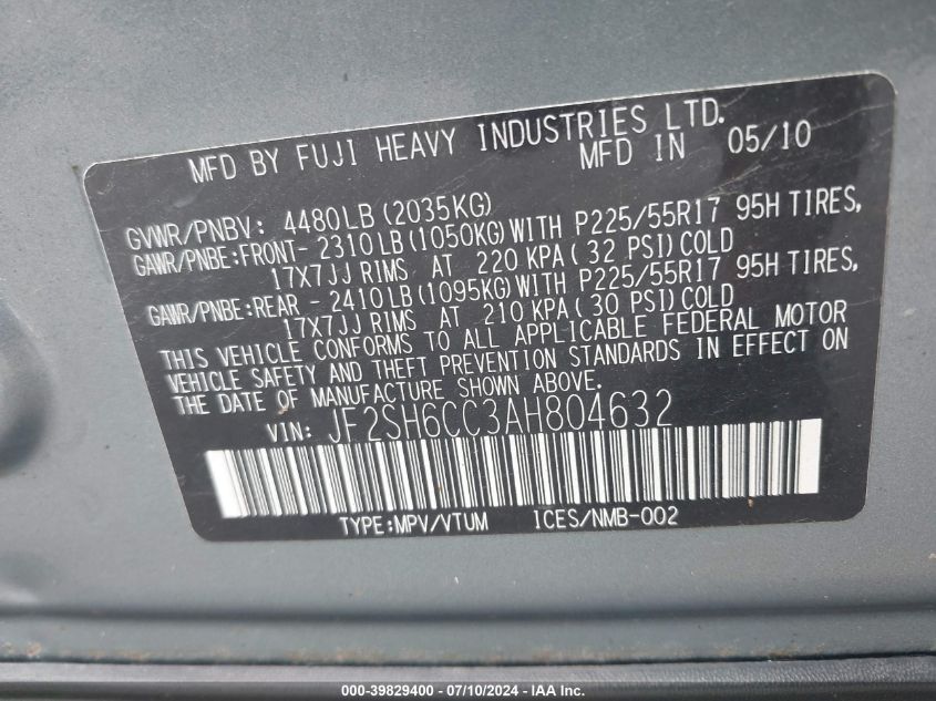 2010 Subaru Forester 2.5X Premium VIN: JF2SH6CC3AH804632 Lot: 39829400