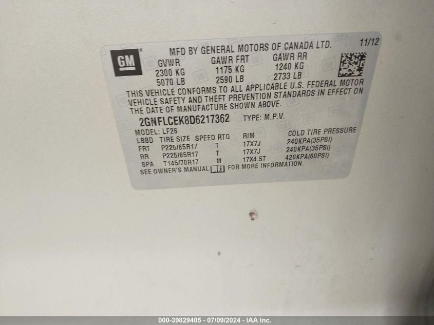 2013 Chevrolet Equinox Ls VIN: 2GNFLCEK8D6217362 Lot: 39829405