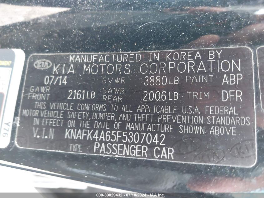2015 Kia Forte Lx VIN: KNAFK4A65F5307042 Lot: 39829432