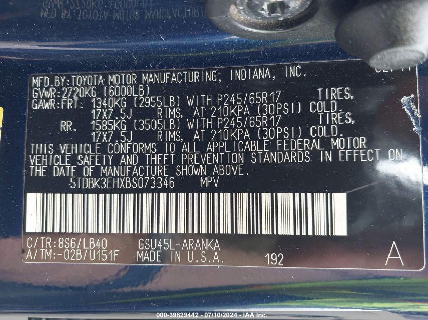 2011 Toyota Highlander Se V6 VIN: 5TDBK3EHXBS073346 Lot: 39829442