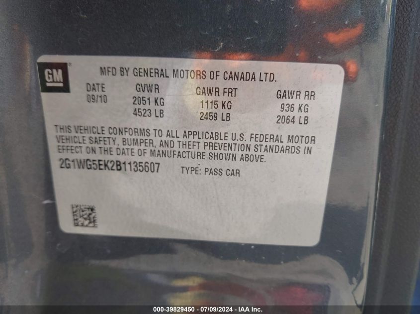 2011 Chevrolet Impala Lt VIN: 2G1WG5EK2B1135607 Lot: 39829450