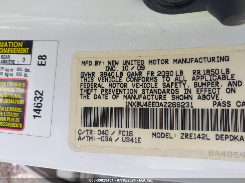 2010 Toyota Corolla VIN: 1NXBU4EE0AZ266231 Lot: 39829451