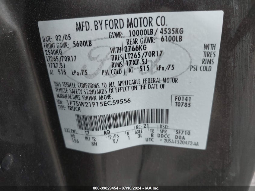 2005 Ford F-250 Super Duty VIN: 1FTSW21P15EC59556 Lot: 39829454