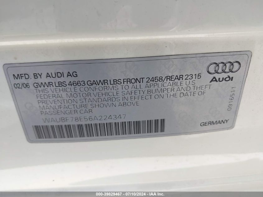 2006 Audi A4 S-Line 2.0T Turbo VIN: WAUBF78E56A224347 Lot: 39829467