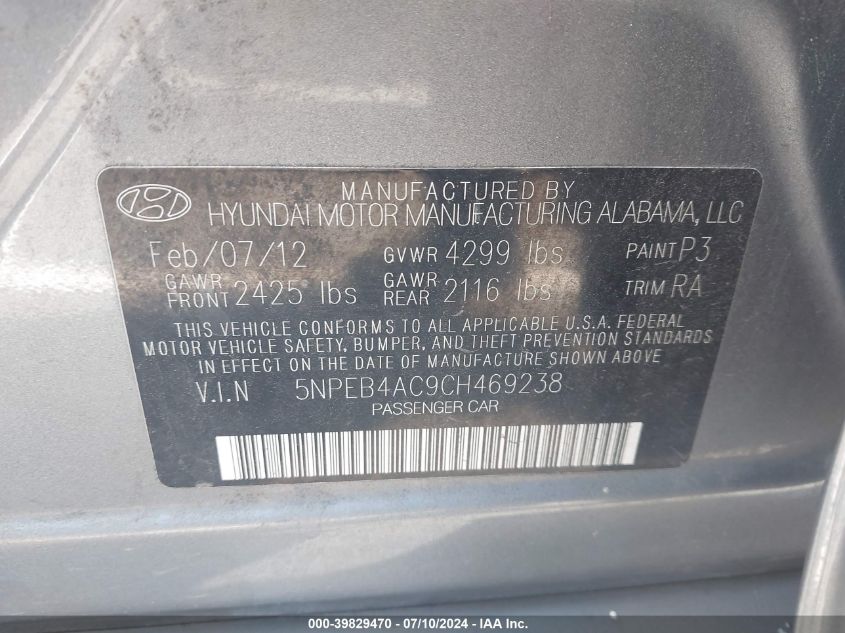 2012 Hyundai Sonata Gls VIN: 5NPEB4AC9CH469238 Lot: 39829470