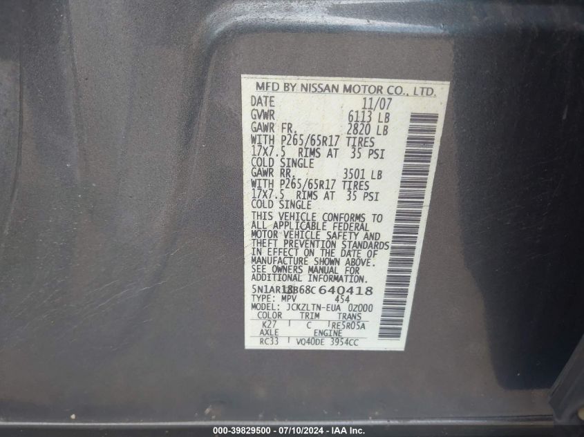 2008 Nissan Pathfinder S/Le/Se VIN: 5N1AR18B68C640418 Lot: 39829500