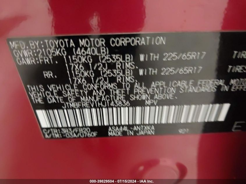 2017 Toyota Rav4 Le VIN: JTMBFREV1HJ143836 Lot: 39829504