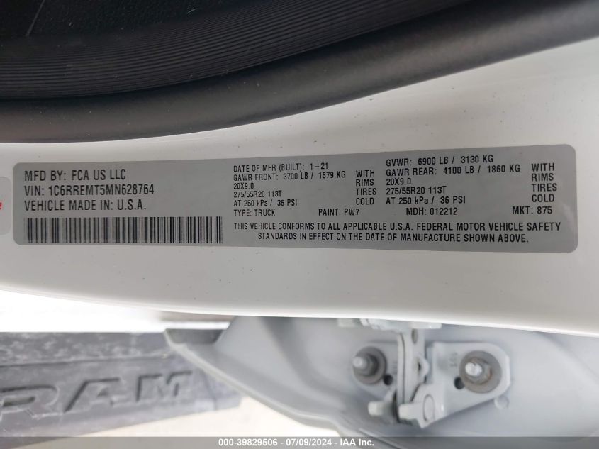 2021 Ram 1500 Big Horn 4X2 6'4 Box VIN: 1C6RREMT5MN628764 Lot: 39829506