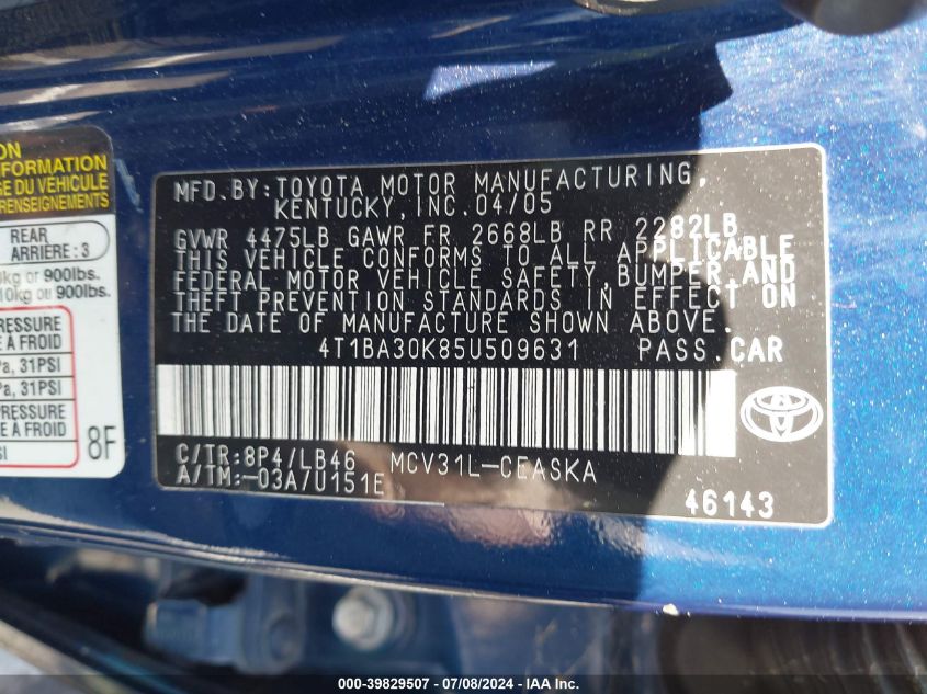 2005 Toyota Camry Se V6 VIN: 4T1BA30K85U509631 Lot: 39829507