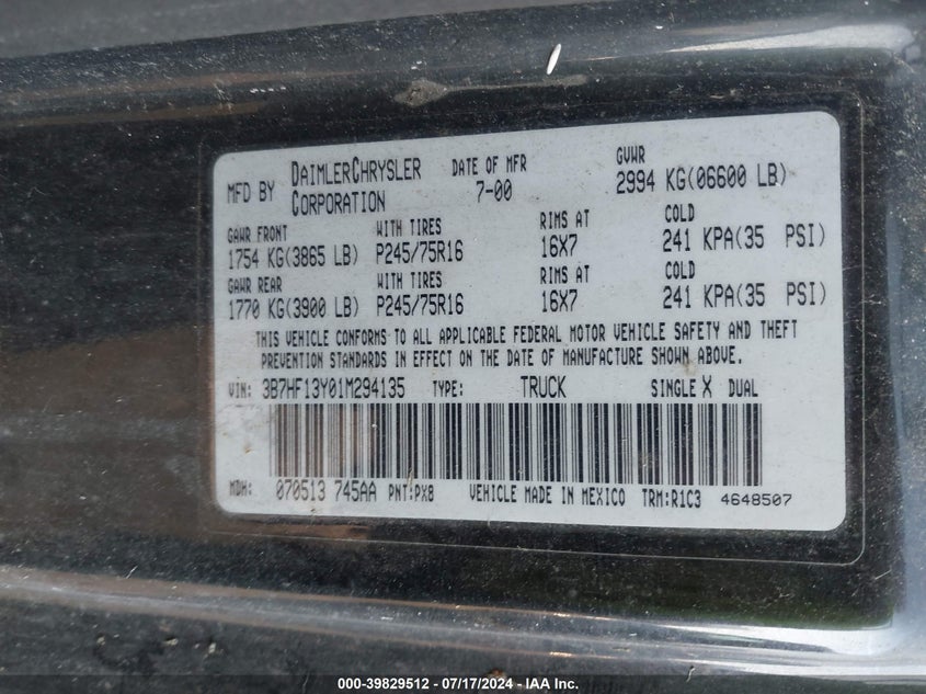 2001 Dodge Ram 1500 St VIN: 3B7HF13Y01M294135 Lot: 39829512