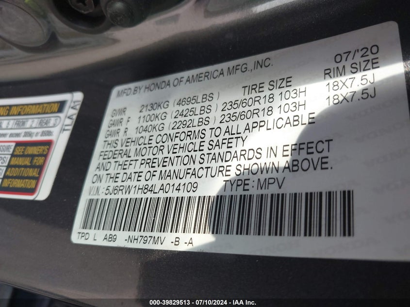 2020 HONDA CR-V EXL - 5J6RW1H84LA014109