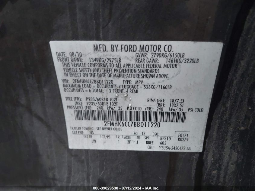 2011 Ford Flex Sel VIN: 2FMHK6CC7BBD11220 Lot: 39829530