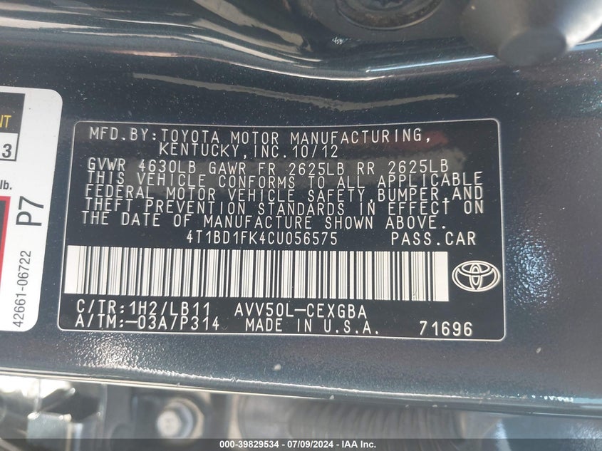 2012 Toyota Camry Hybrid Xle VIN: 4T1BD1FK4CU056575 Lot: 39829534