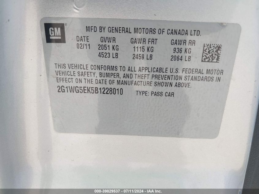 2011 Chevrolet Impala Lt VIN: 2G1WG5EK5B1228010 Lot: 39829537
