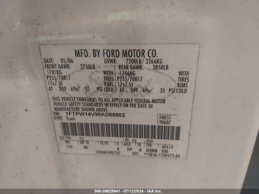 2006 Ford F-150 Supercrew VIN: 1FTPW14V96KD68862 Lot: 39829541