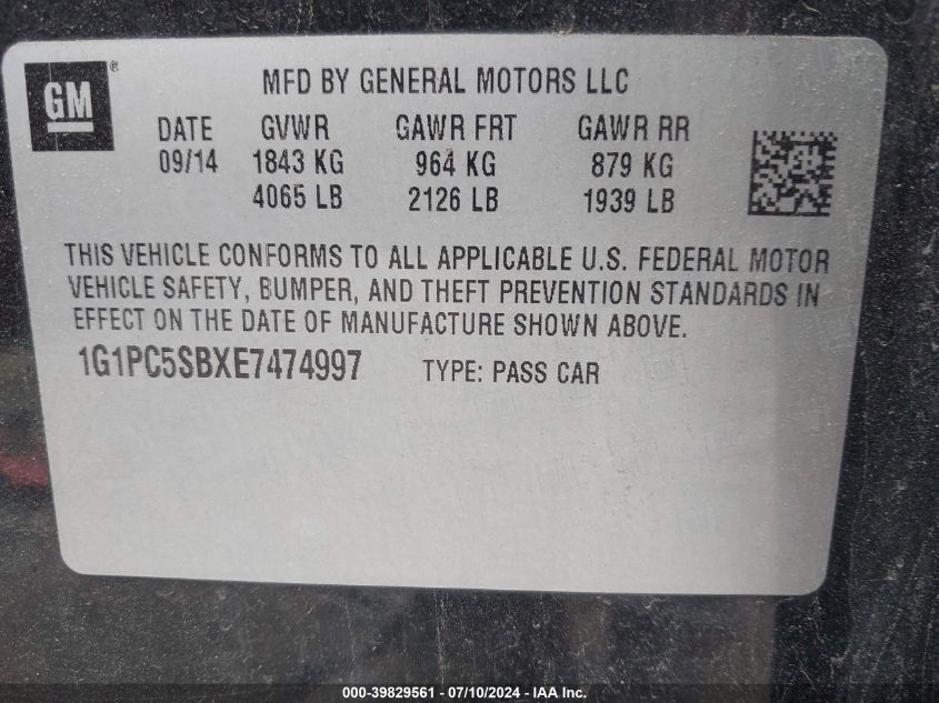 2014 Chevrolet Cruze 1Lt Auto VIN: 1G1PC5SBXE7474997 Lot: 39829561