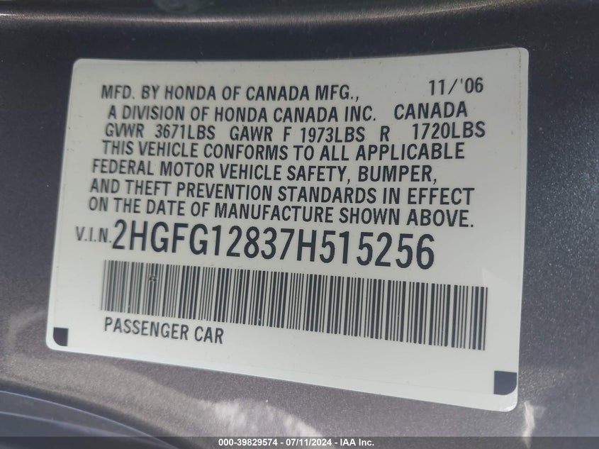 2007 Honda Civic Ex VIN: 2HGFG12837H515256 Lot: 39829574