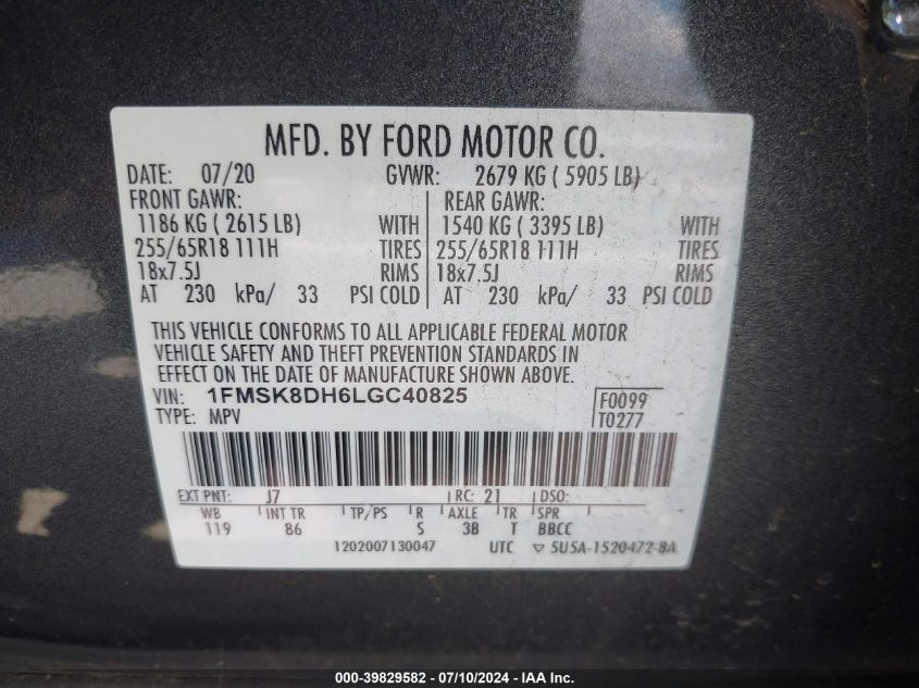 2020 Ford Explorer Xlt VIN: 1FMSK8DH6LGC40825 Lot: 39829582