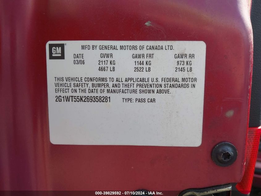 2006 Chevrolet Impala Lt VIN: 2G1WT55K269358281 Lot: 39829592