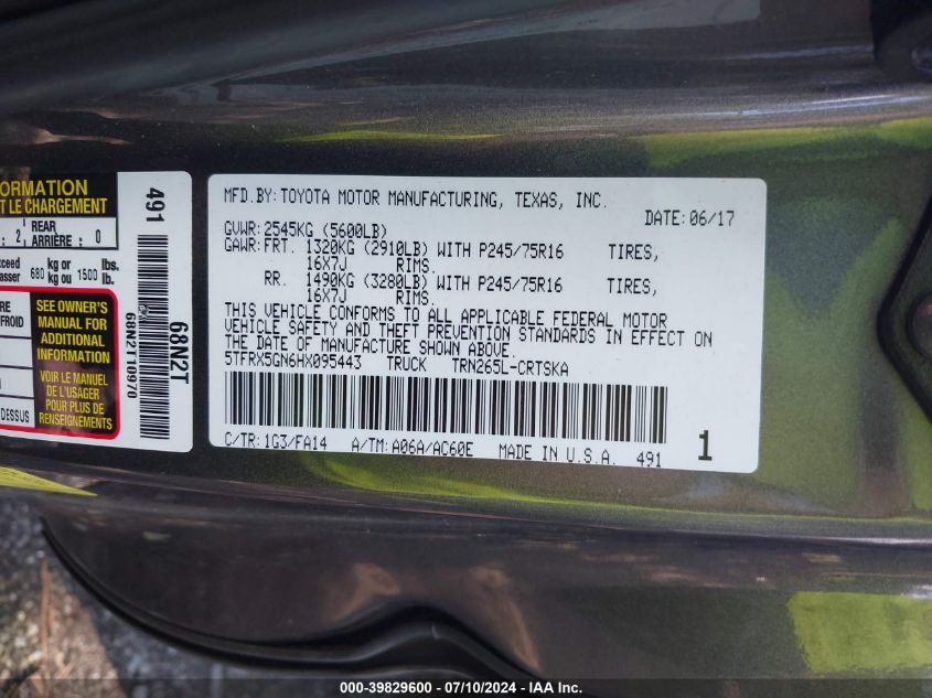2017 Toyota Tacoma Access Cab/Sr/Sr5 VIN: 5TFRX5GN6HX095443 Lot: 39829600