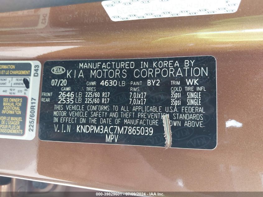 2021 Kia Sportage Lx VIN: KNDPM3AC7M7865039 Lot: 39829601