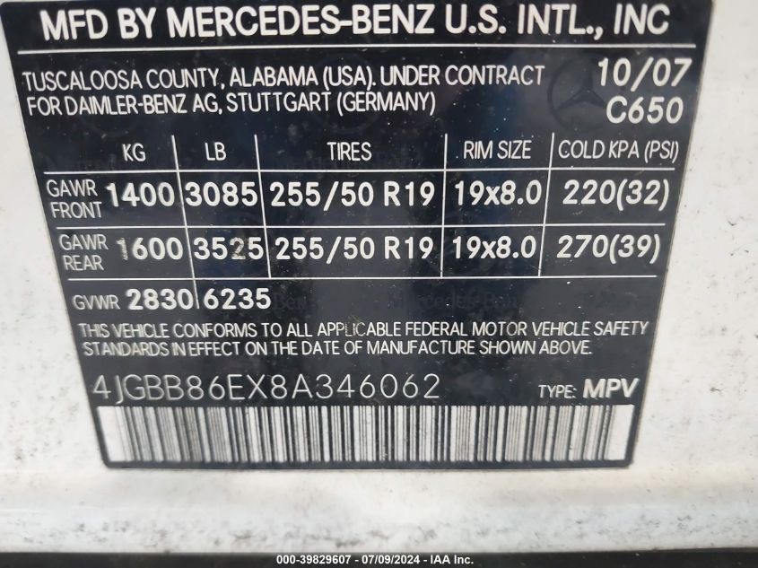 2008 Mercedes-Benz Ml 350 VIN: 4JGBB86EX8A346062 Lot: 39829607