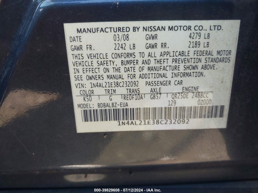 2008 Nissan Altima 2.5 S VIN: 1N4AL21E38C232092 Lot: 39829608