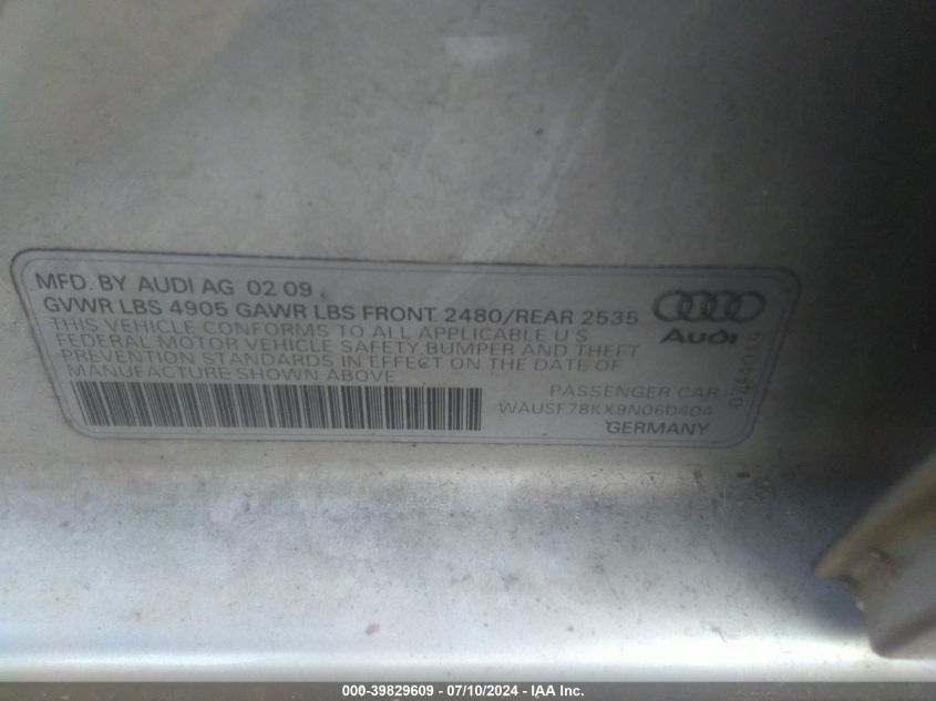 2009 Audi A4 Premium Plus VIN: WAUSF78KX9N060404 Lot: 39829609