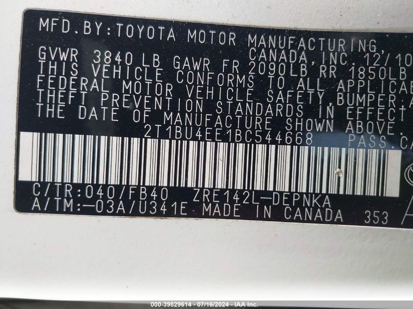 2011 Toyota Corolla Le VIN: 2T1BU4EE1BC544668 Lot: 39829614