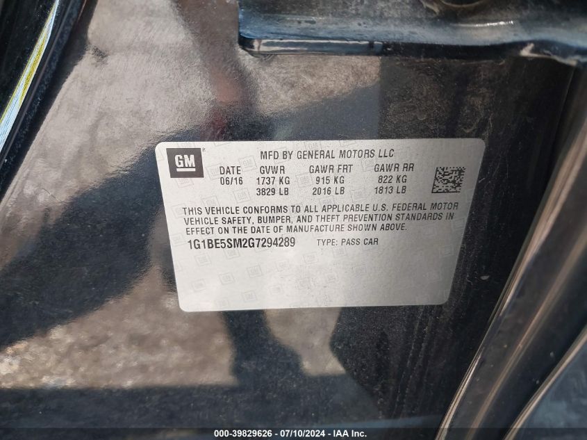 2016 Chevrolet Cruze Lt VIN: 1G1BE5SM2G7294289 Lot: 39829626