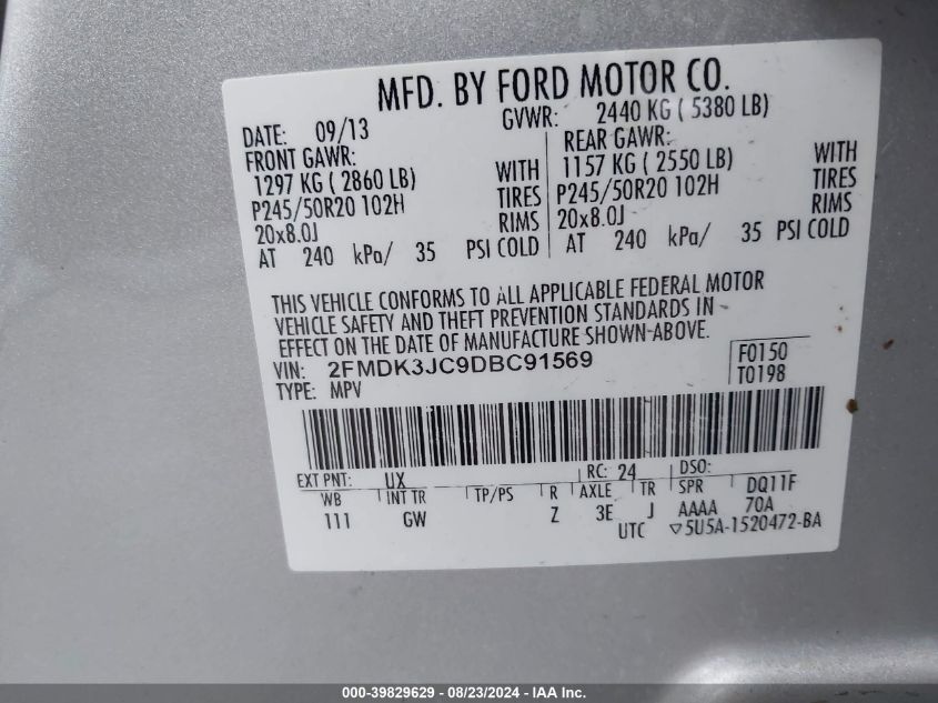 2013 Ford Edge Sel VIN: 2FMDK3JC9DBC91569 Lot: 39829629