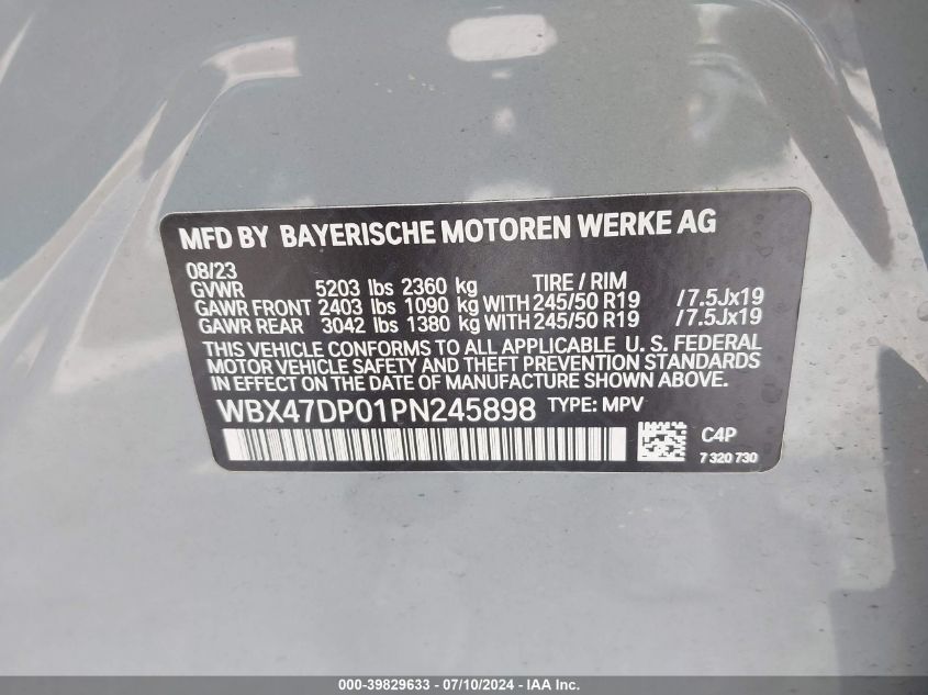 2023 BMW X3 Sdrive30I VIN: WBX47DP01PN245898 Lot: 39829633