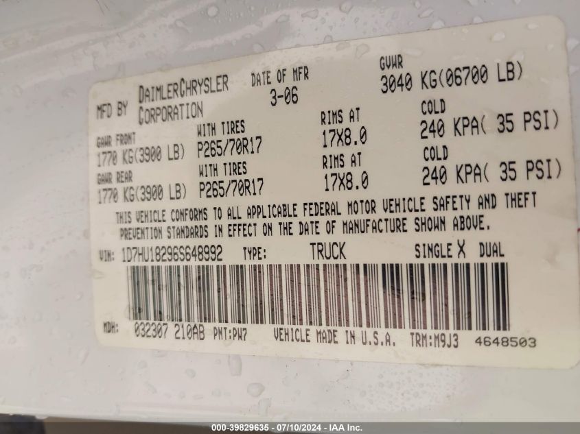 2006 Dodge Ram 1500 Slt/Trx4 Off Road/Sport VIN: 1D7HU18296S648992 Lot: 39829635