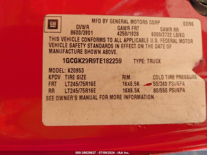 1996 Chevrolet Gmt-400 K2500 VIN: 1GCGK29R9TE182259 Lot: 39829637