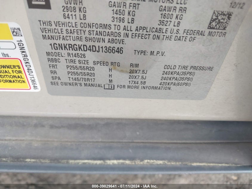 2013 Chevrolet Traverse 1Lt VIN: 1GNKRGKD4DJ136646 Lot: 39829641