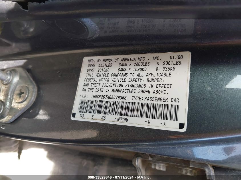 1HGCP267X8A079368 2008 Honda Accord 2.4 Ex