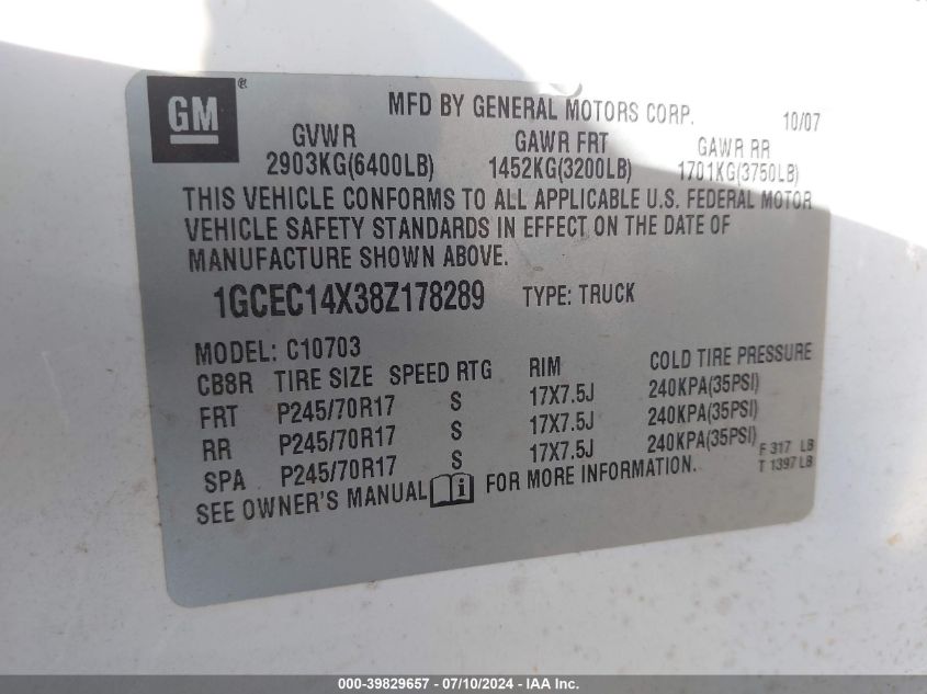 2008 Chevrolet Silverado 1500 Work Truck VIN: 1GCEC14X38Z178289 Lot: 39829657