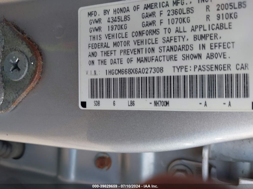 2006 Honda Accord Ex VIN: 1HGCM668X6A027308 Lot: 39829659